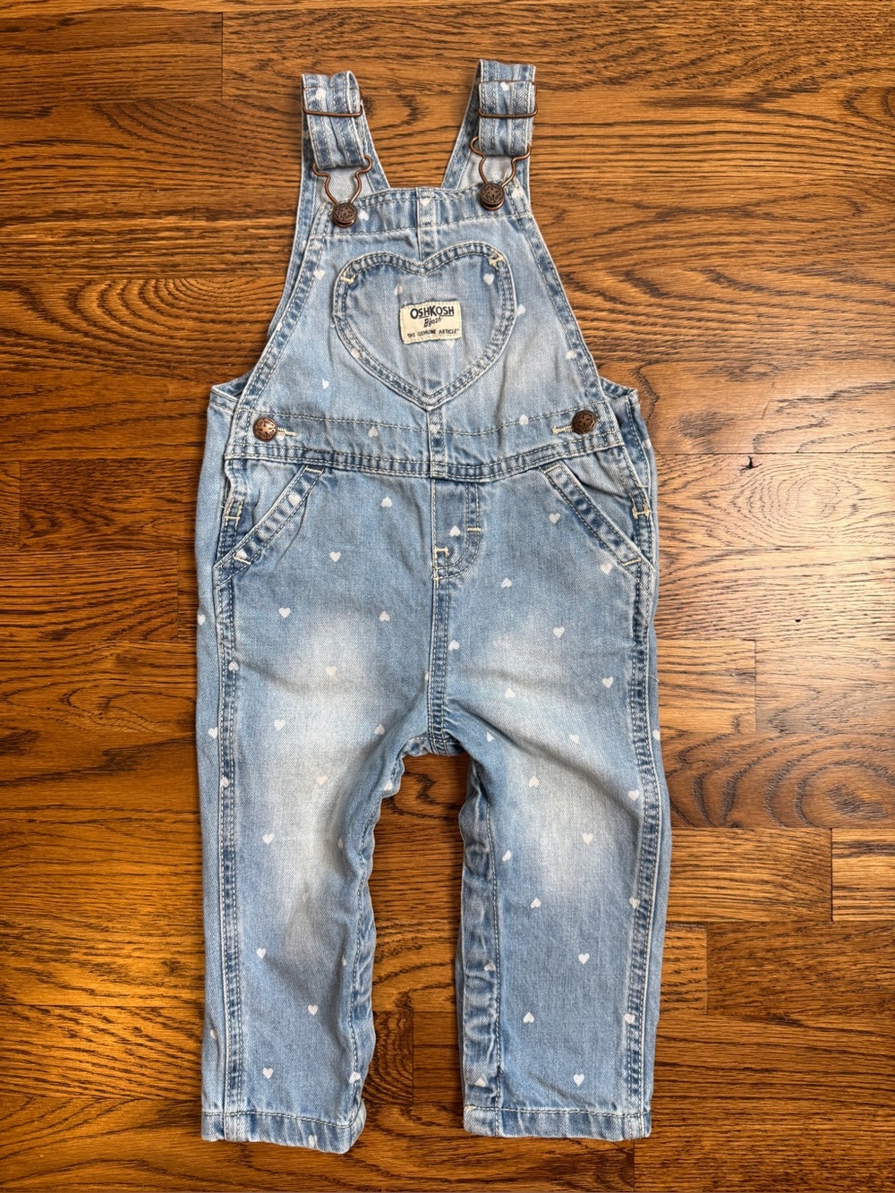 OshKosh B'gosh Toddler Girls Light Wash Denim Overalls White Heart Print 18 Mths